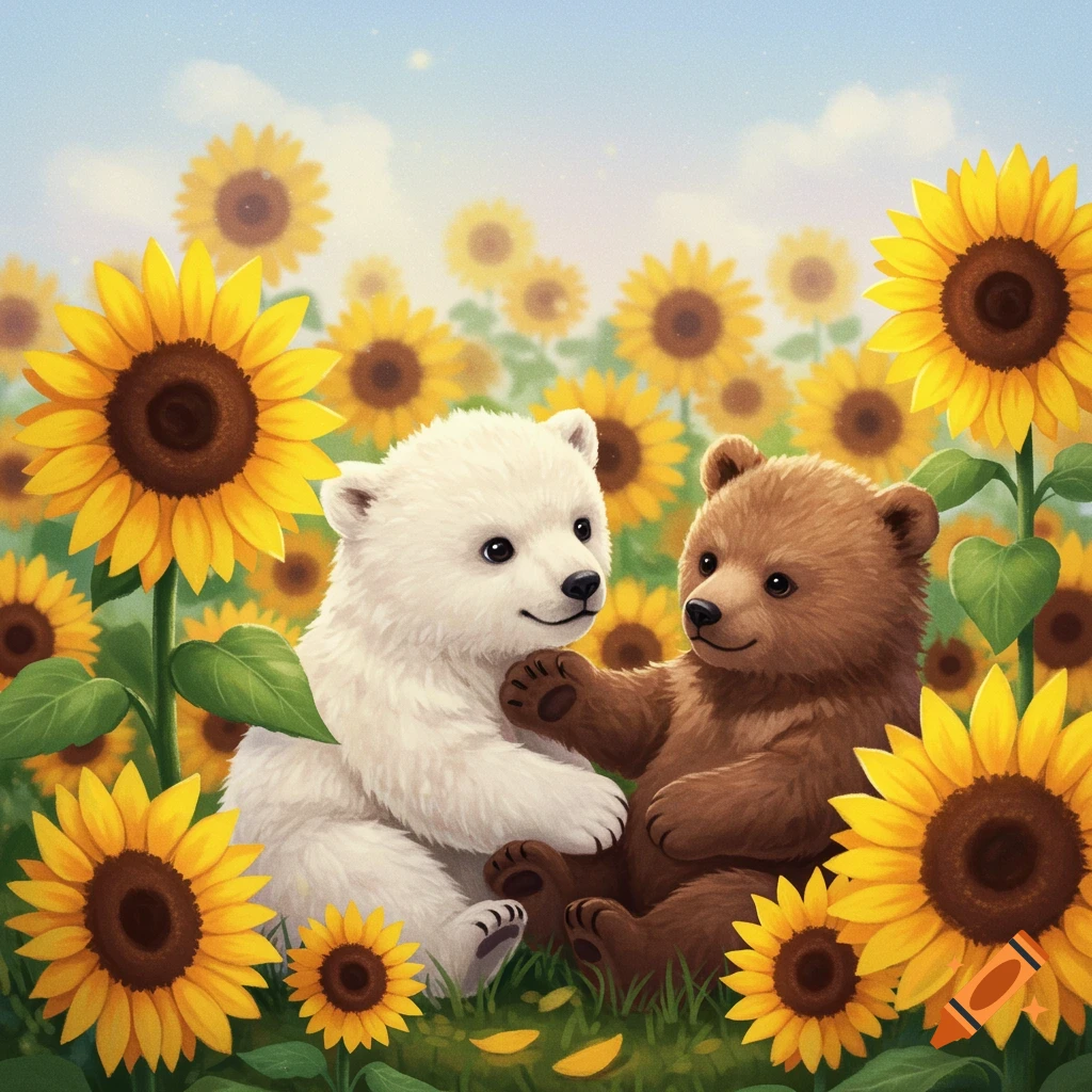 A cute illustration of a baby polar bear and a baby brown bear playing together in a field of yellow sunflowers.