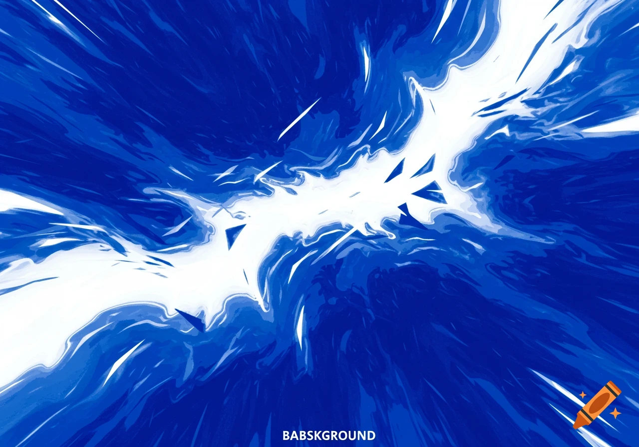 Abstract blue and white design with a central white burst surrounded by swirling blue and white lines, creating a dynamic effect.