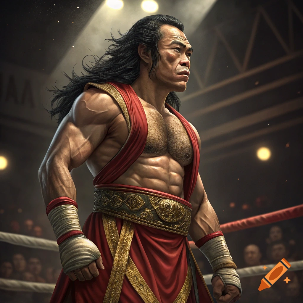A photorealistic depiction of a muscular male fighter with long black hair, wearing red and gold attire, standing in a boxing ring under spotlights.
