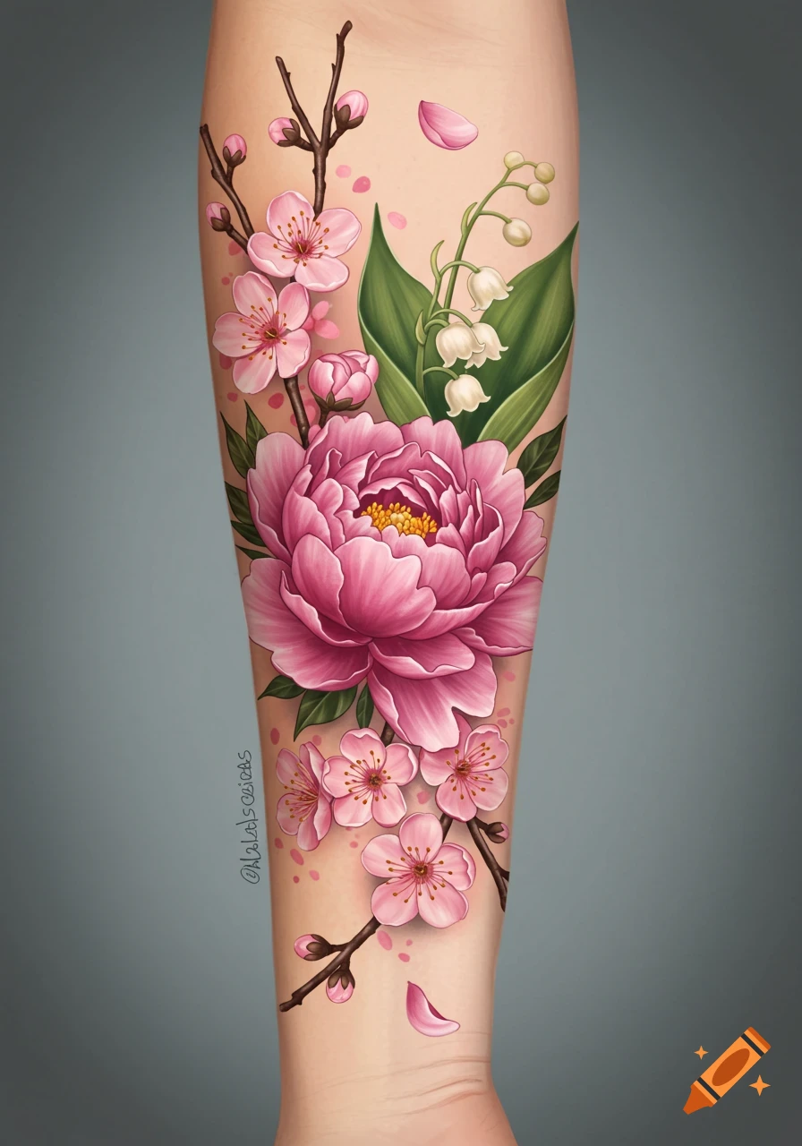 Vibrant tattoo on an arm featuring pink peonies, cherry blossoms, and white lily of the valley flowers against a grey background.