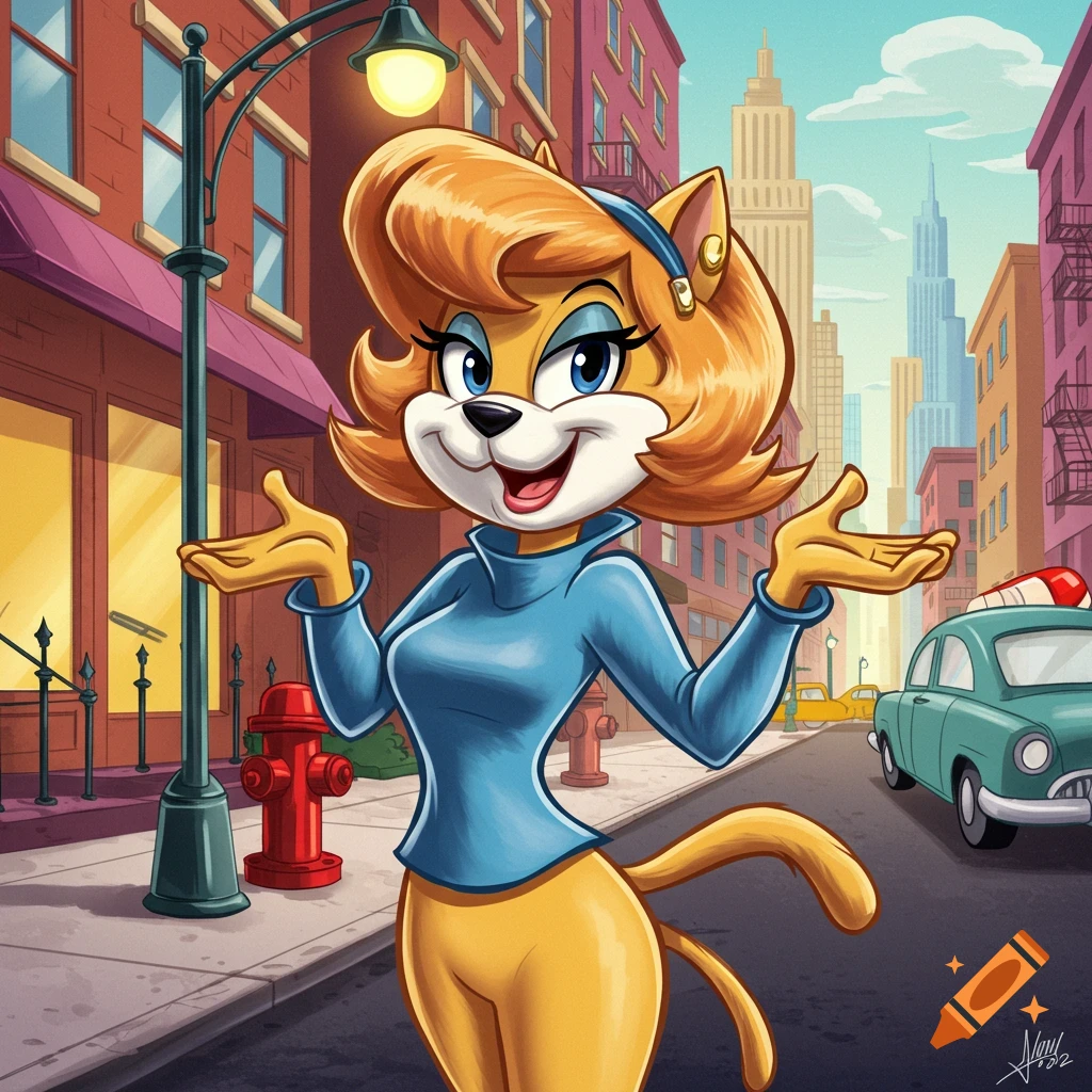 A friendly anthropomorphic female cat character with orange fur and a blue top stands on a city street, smiling with hands open.