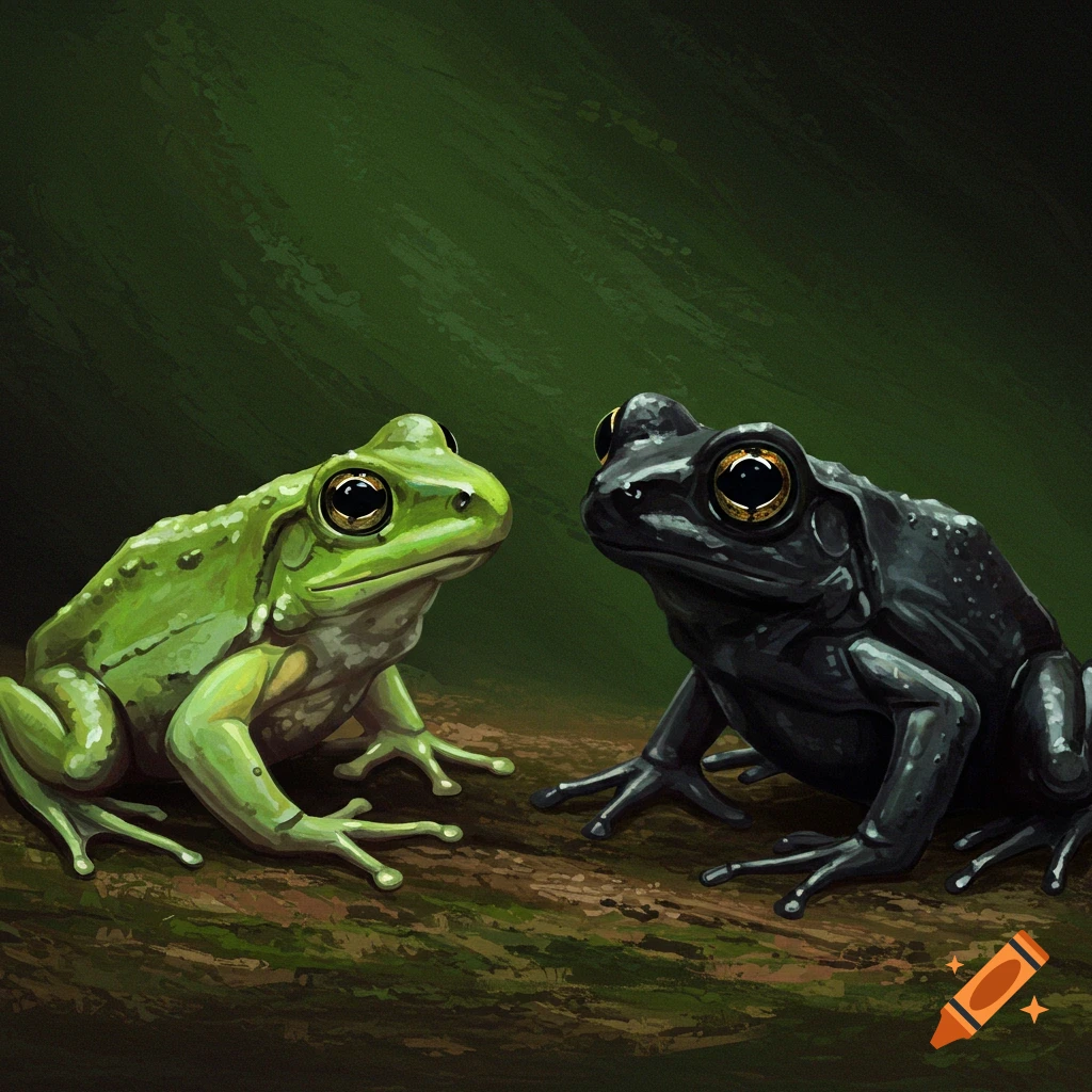 An illustrative image of a green frog and a black frog facing each other on a mossy log against a dark green background.