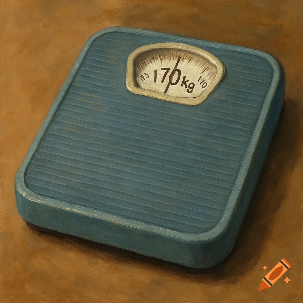 A blue vintage-style bathroom scale with a dial showing 170 kg on a brown surface, painted in a textured style.