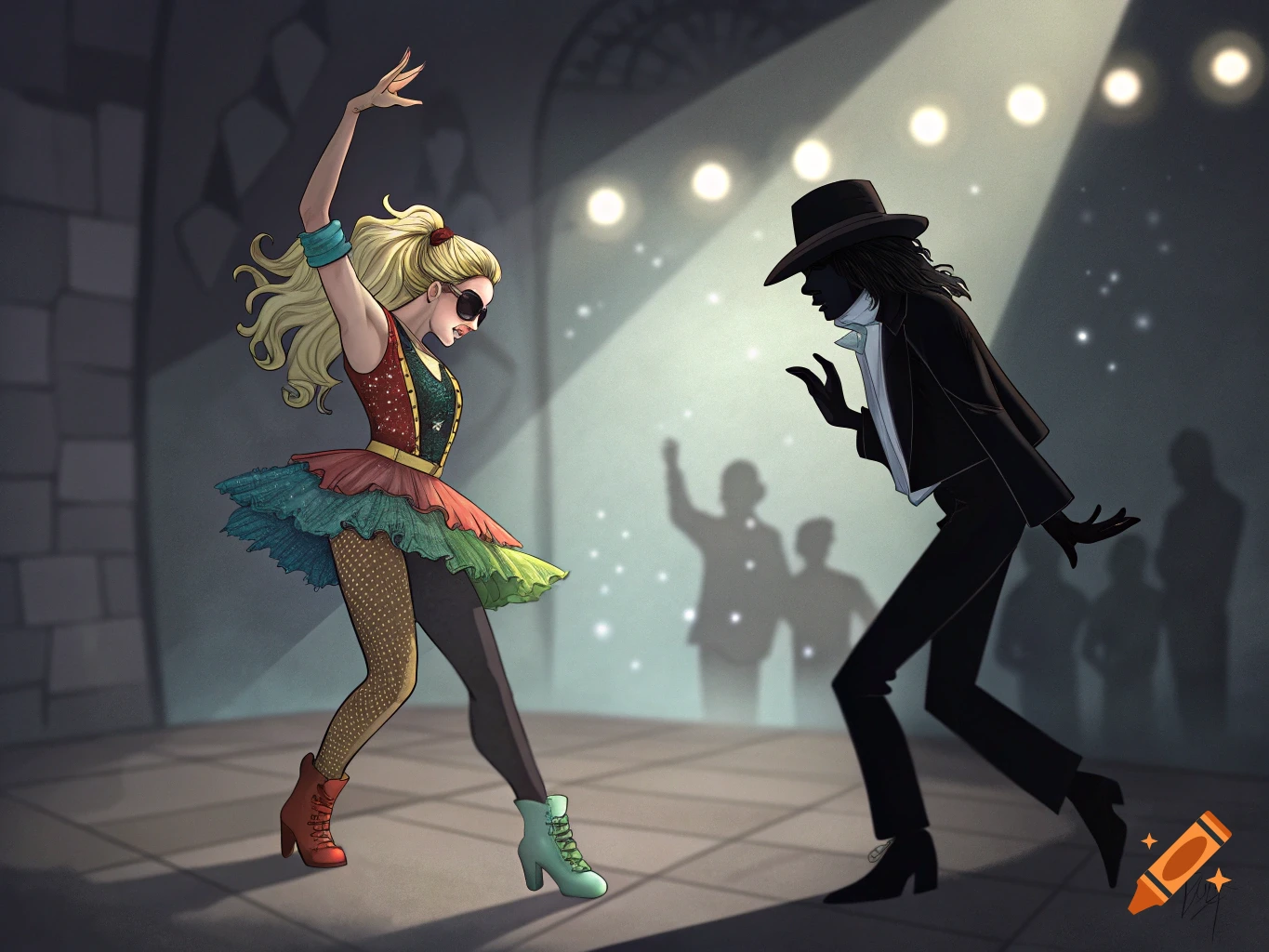Stylized illustration of Lady Gaga and Michael Jackson dancing on a spotlighted stage.