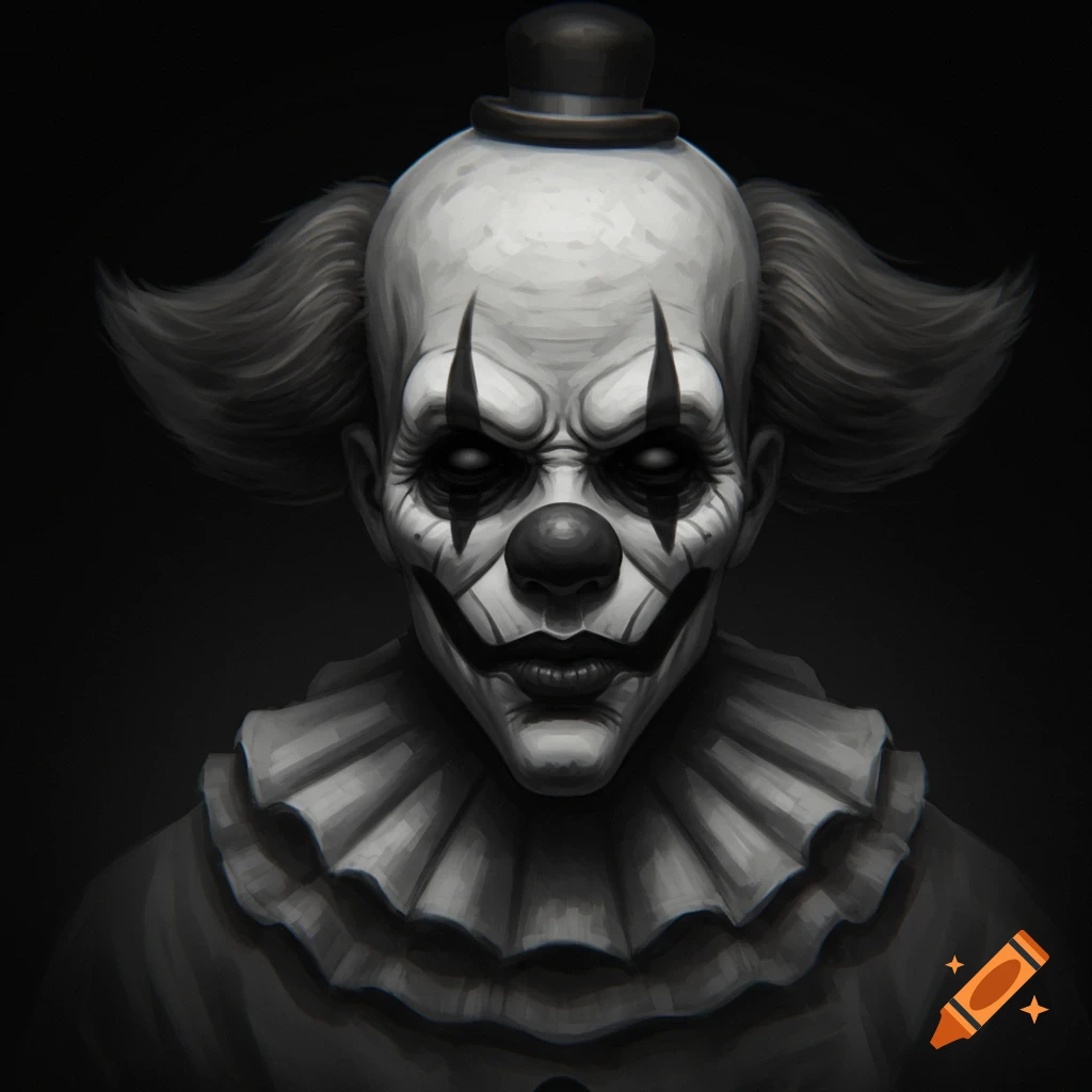 A monochrome portrait of an eerie, bald clown with an elongated jaw, blacked-out eyes, and ruffled collar against a dark background.