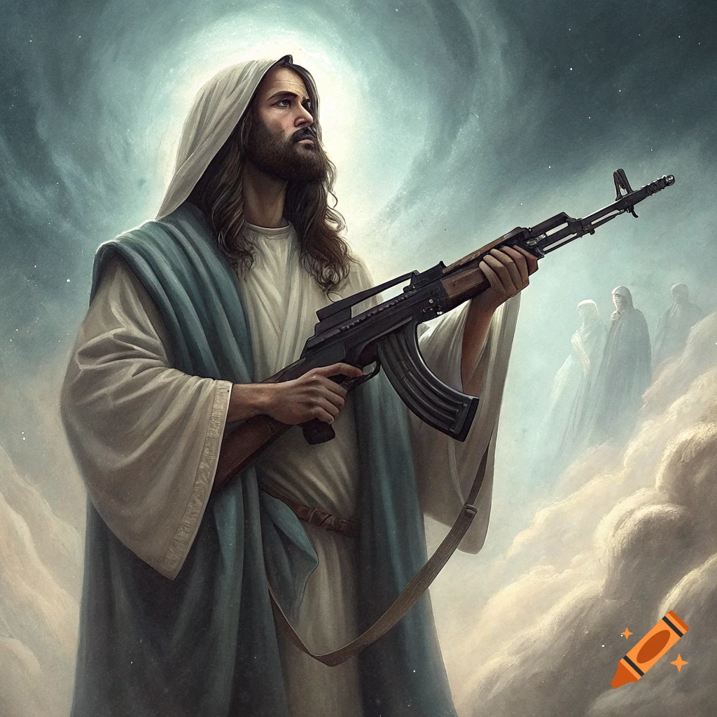 A spiritual painting of Jesus Christ in robes, holding an AK-47 in a cloudy sky with ethereal figures.
