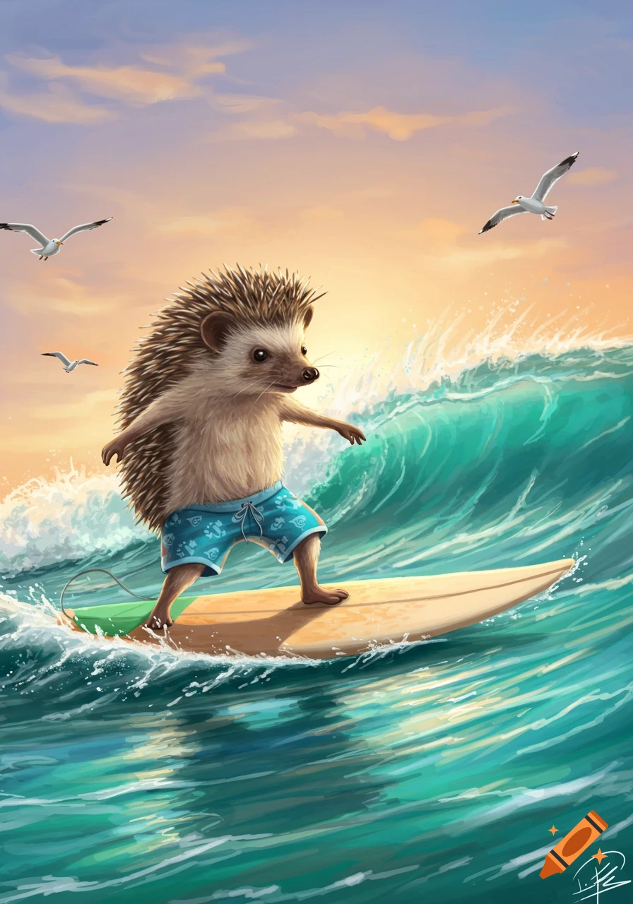 A cute hedgehog in blue board shorts surfs a large wave at sunset, with seagulls flying above, in a vibrant digital painting style.