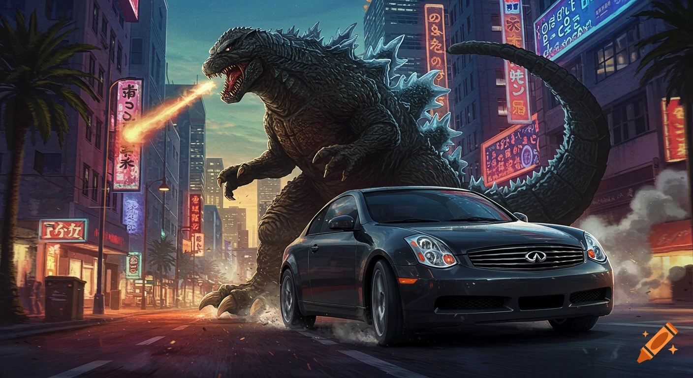 Godzilla chasing a black Infiniti G35 down a city street at dusk, neon signs illuminate the background.