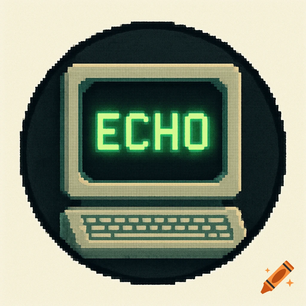 Pixel art icon of a retro computer terminal with the word 'ECHO' in green on its screen, set within a black circle.