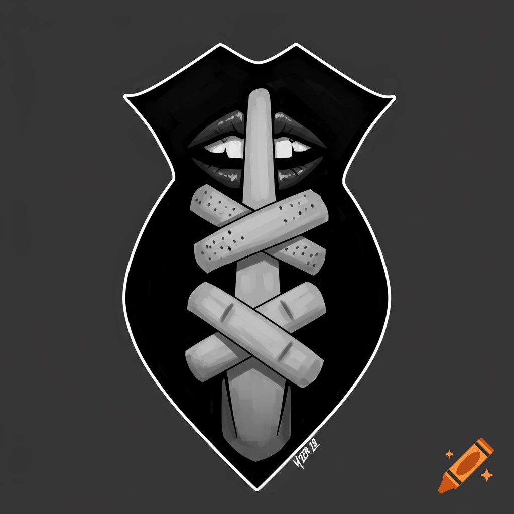 A monochrome stylized emblem of a shushing mouth with crossed band-aids over the lower lip, symbolizing silence and control.