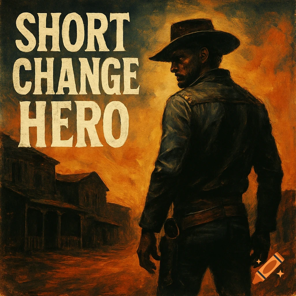 A cowboy in a hat standing in a dusty Western town, looking over his shoulder, with text 'SHORT CHANGE HERO' in a gritty painting style.