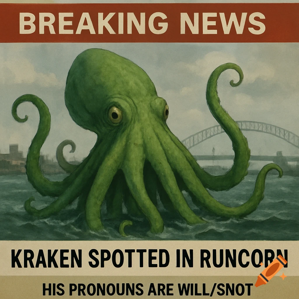 Illustration of a giant green kraken emerging from city waters under a 'Breaking News' banner about its sighting and pronouns.