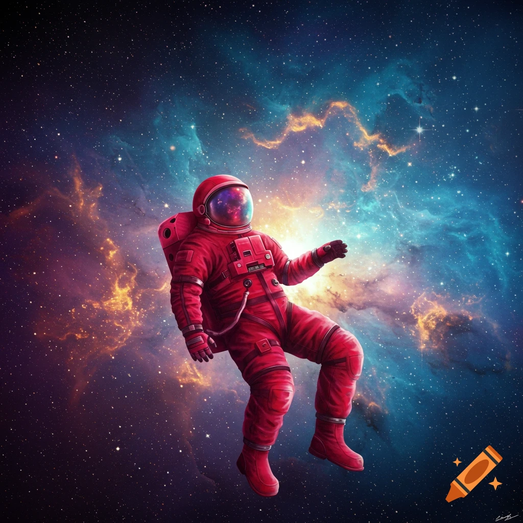 A red astronaut floats in the vast, star-filled expanse of space, surrounded by colorful nebulae.