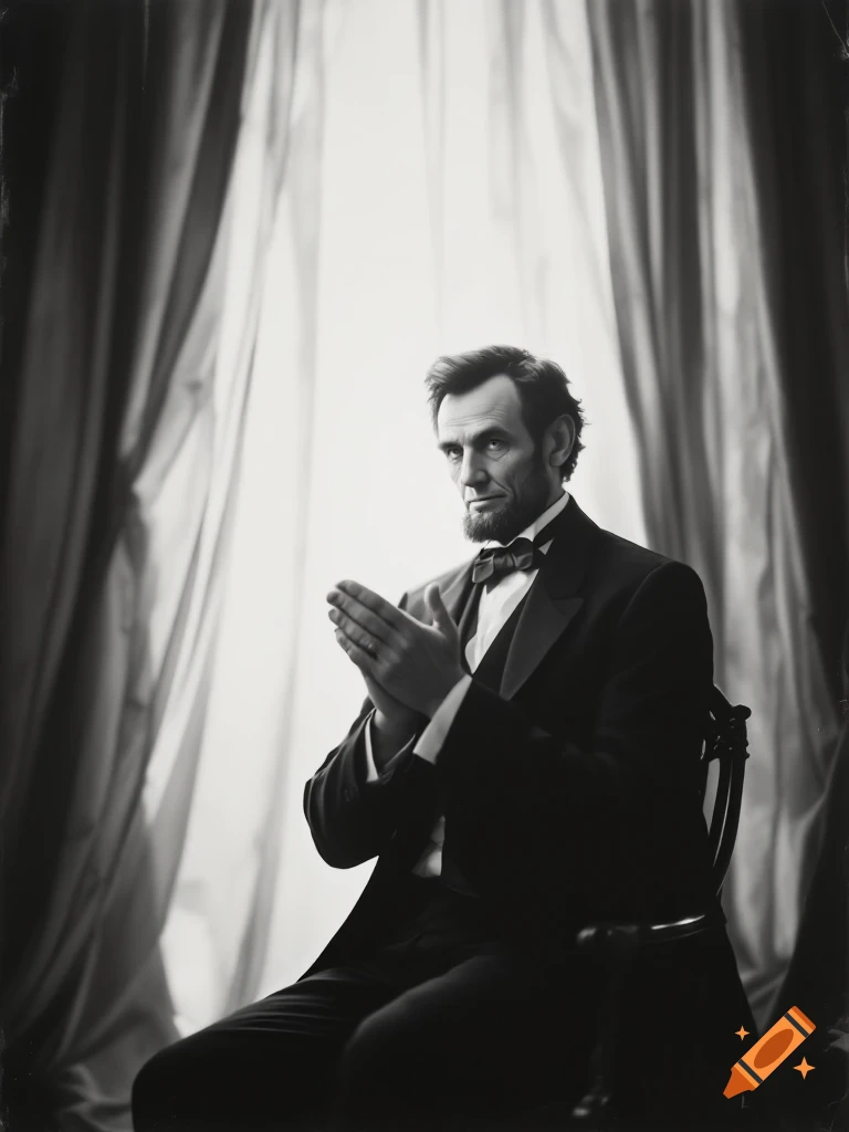Black and white vintage portrait of Abraham Lincoln seated and clapping, against a brightly lit curtain background.