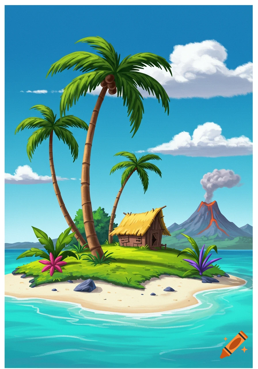 A vibrant cartoon tropical island with palm trees, a small hut, and an erupting volcano under a blue sky.