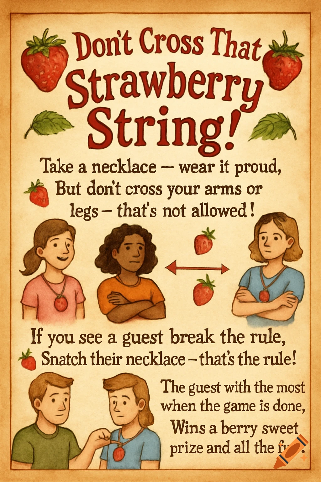 A vintage-style illustrated poster for a children's game about 'Strawberry String' rules, featuring cartoon kids and strawberries.