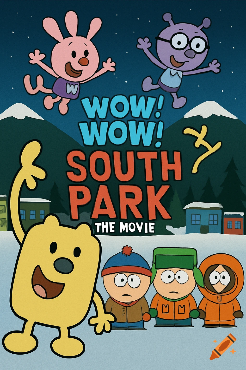 A colorful cartoon movie poster showing characters from Wow! Wow! Wubbzy! and South Park together in a snowy mountain town at night.