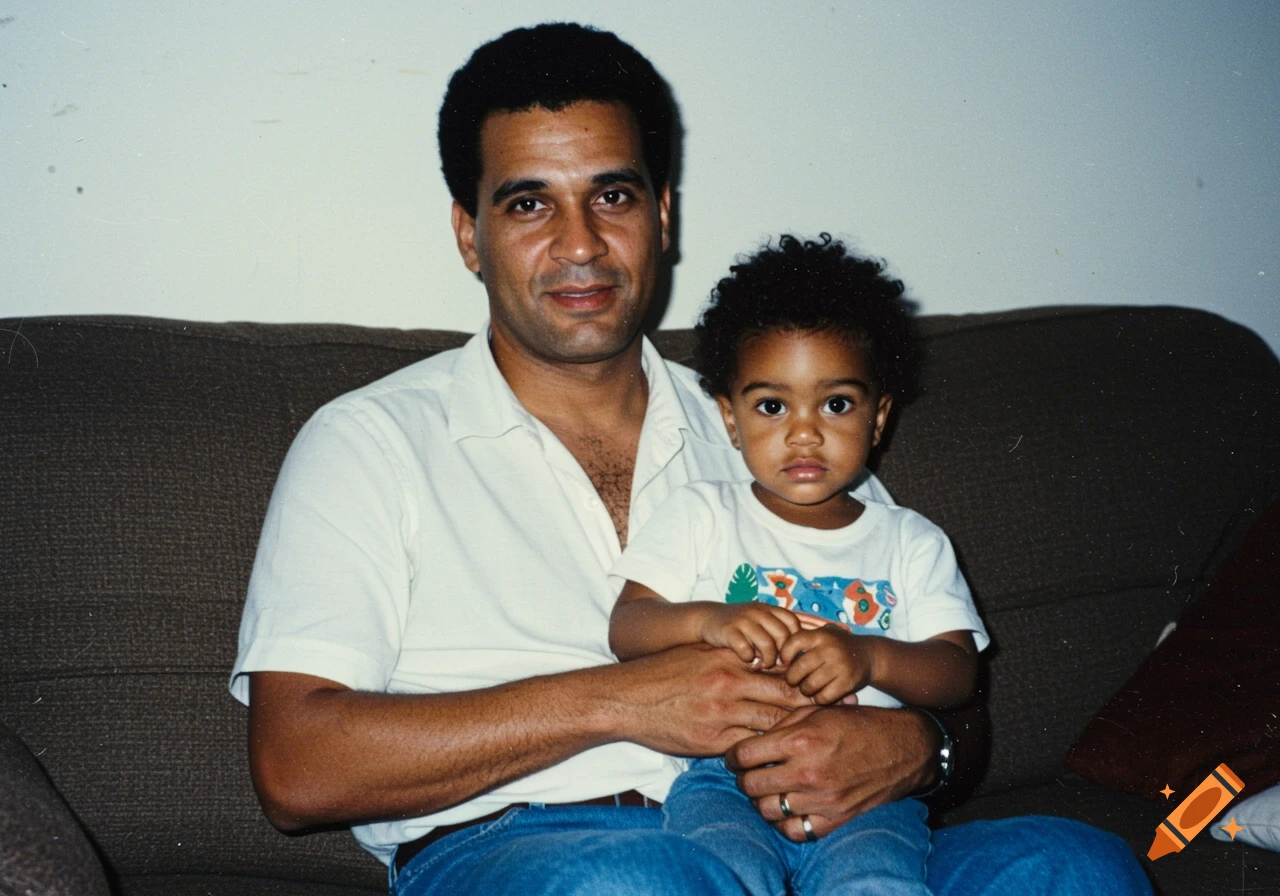 A man sits on a couch holding a young child on his lap, looking calmly at the camera in a 1990s style photograph.