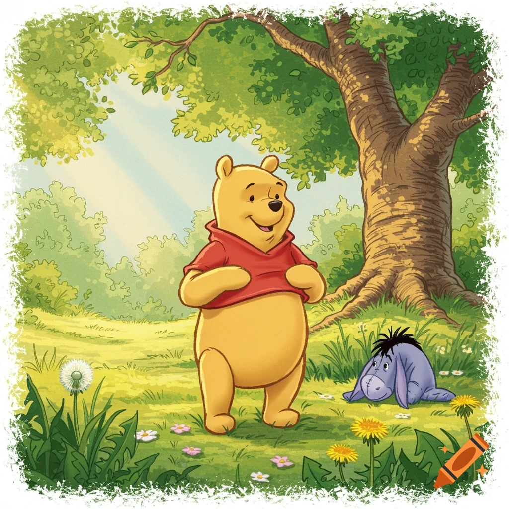 Winnie-the-Pooh standing in a sunny green meadow with Eeyore lying nearby under a tree, in a classic cartoon illustration style.