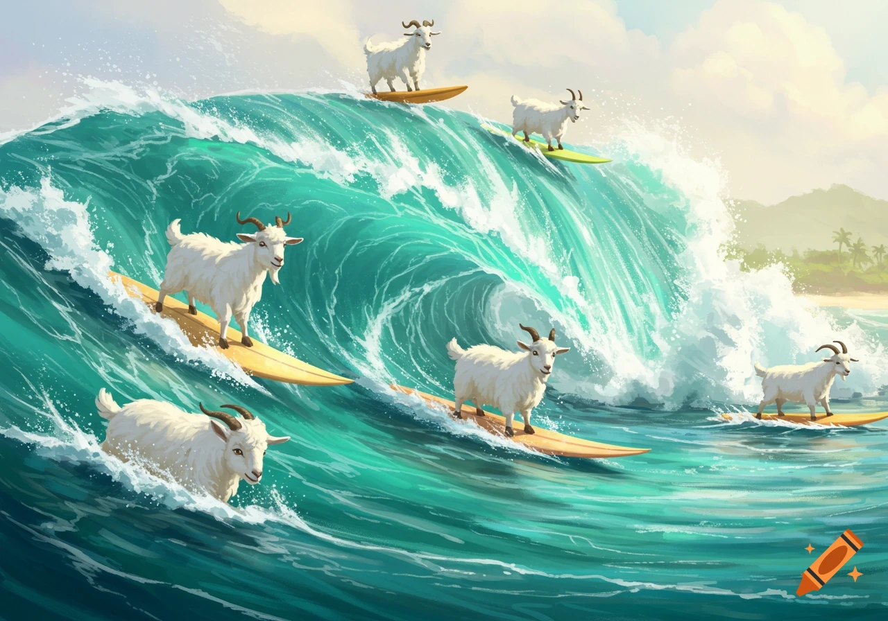 Several white goats riding large ocean waves on surfboards, with a tropical beach and palm trees in the background.