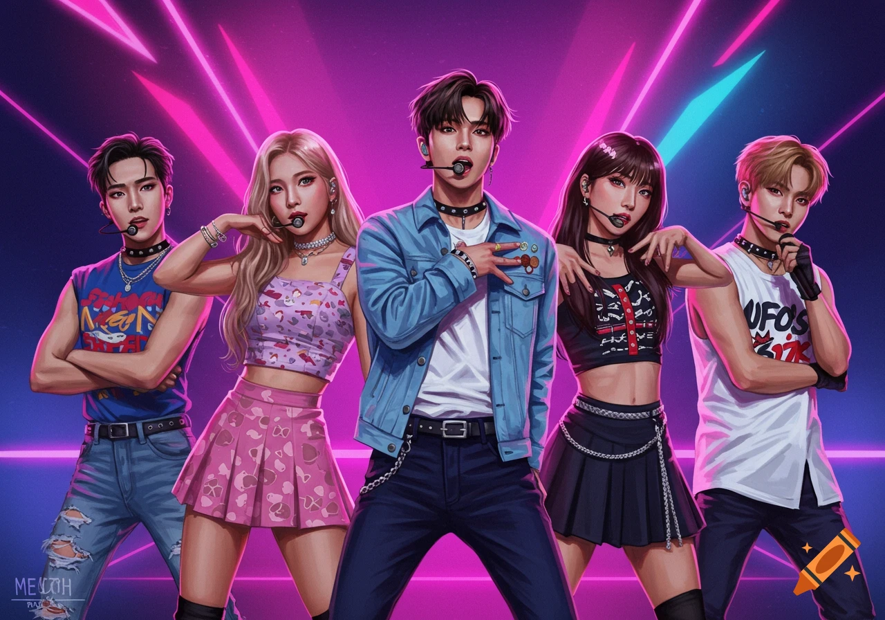 Illustration of a co-ed K-pop group of five members posing with neon pink and blue lighting.