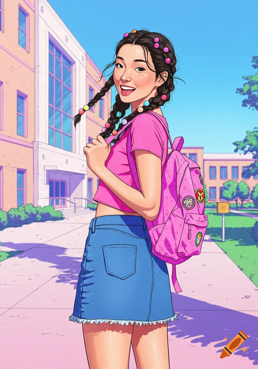 Smiling cartoon girl in a pink crop top, denim skirt, and pink backpack standing outside a school building.