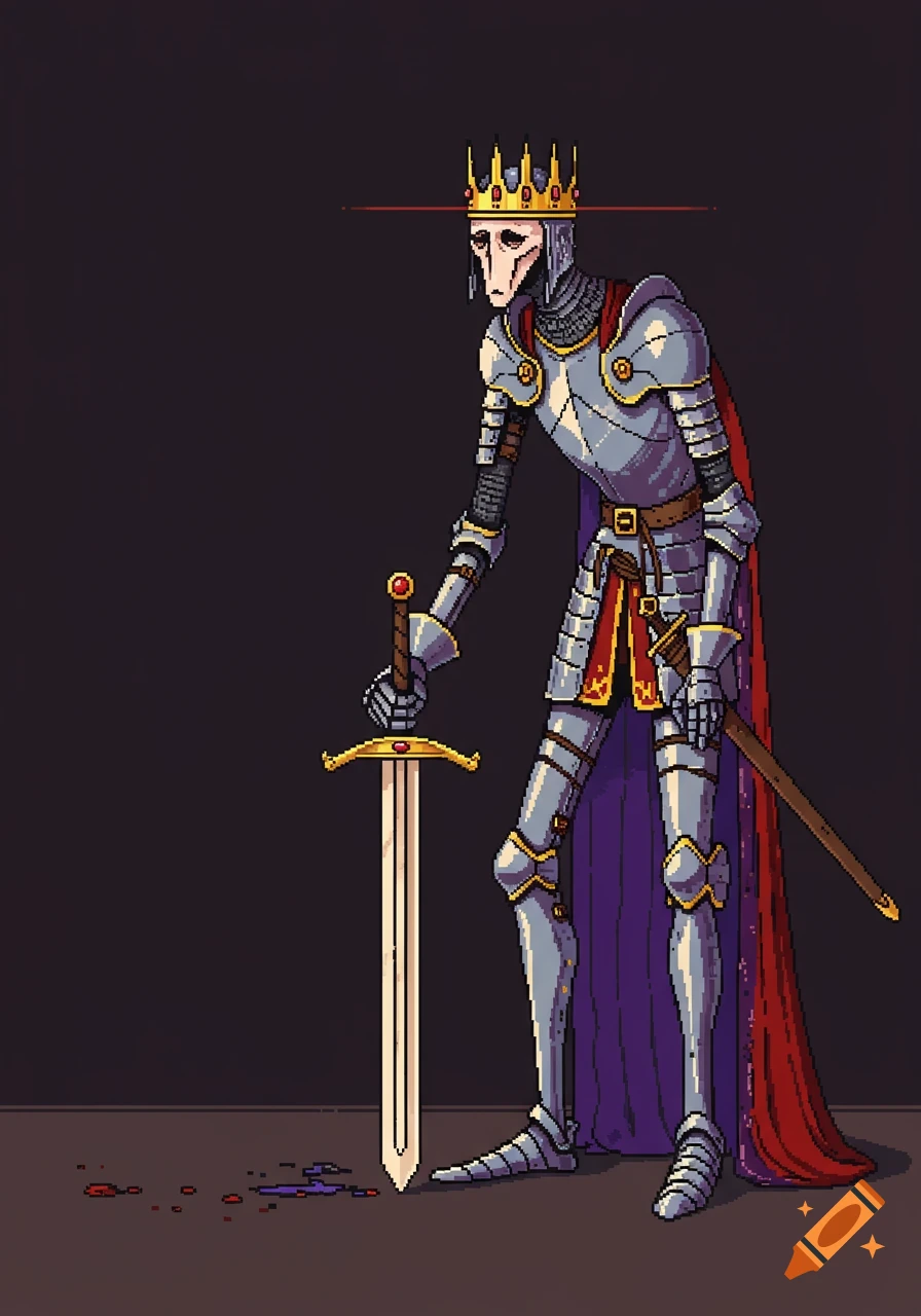 A tall, lanky pixel art prince in silver armor and a red and purple cape, wearing a crown with a visor, holding a large gold sword that touches the ground. Red and purple splatters are on the floor.