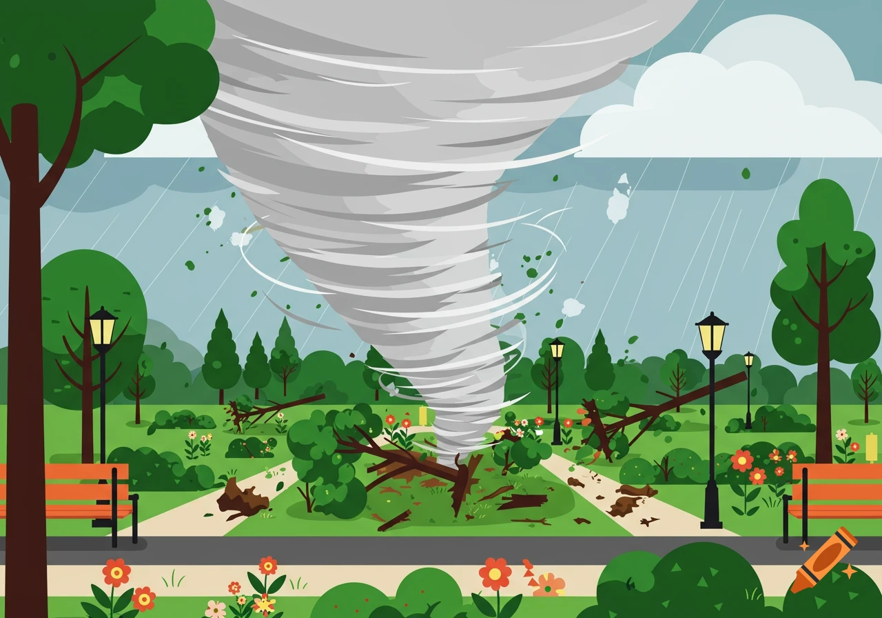 A large grey tornado sweeps through a green park with broken trees, scattered debris, benches, and colorful flowers under a cloudy sky, in a flat illustration style.