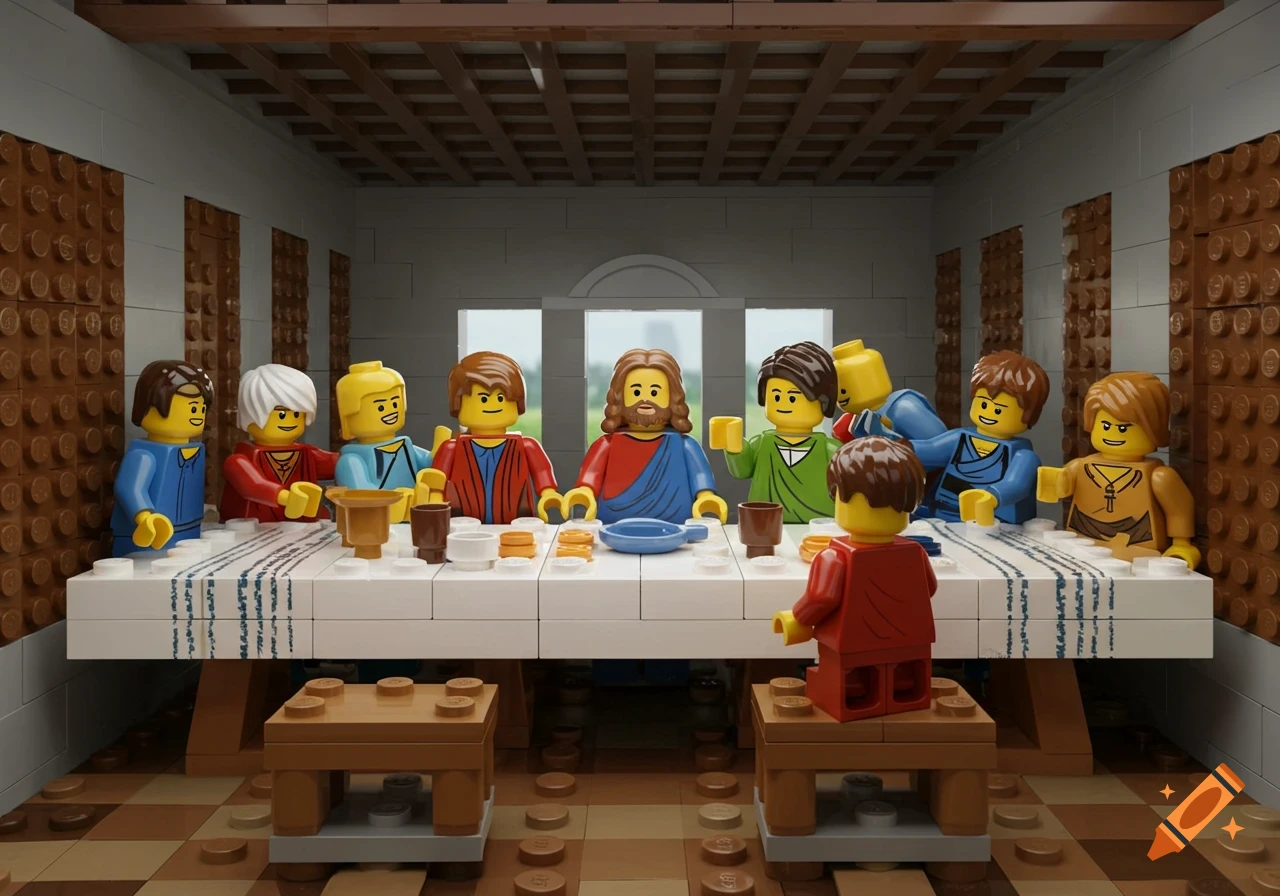 A Lego depiction of the Last Supper, featuring Jesus and his disciples seated at a long table.