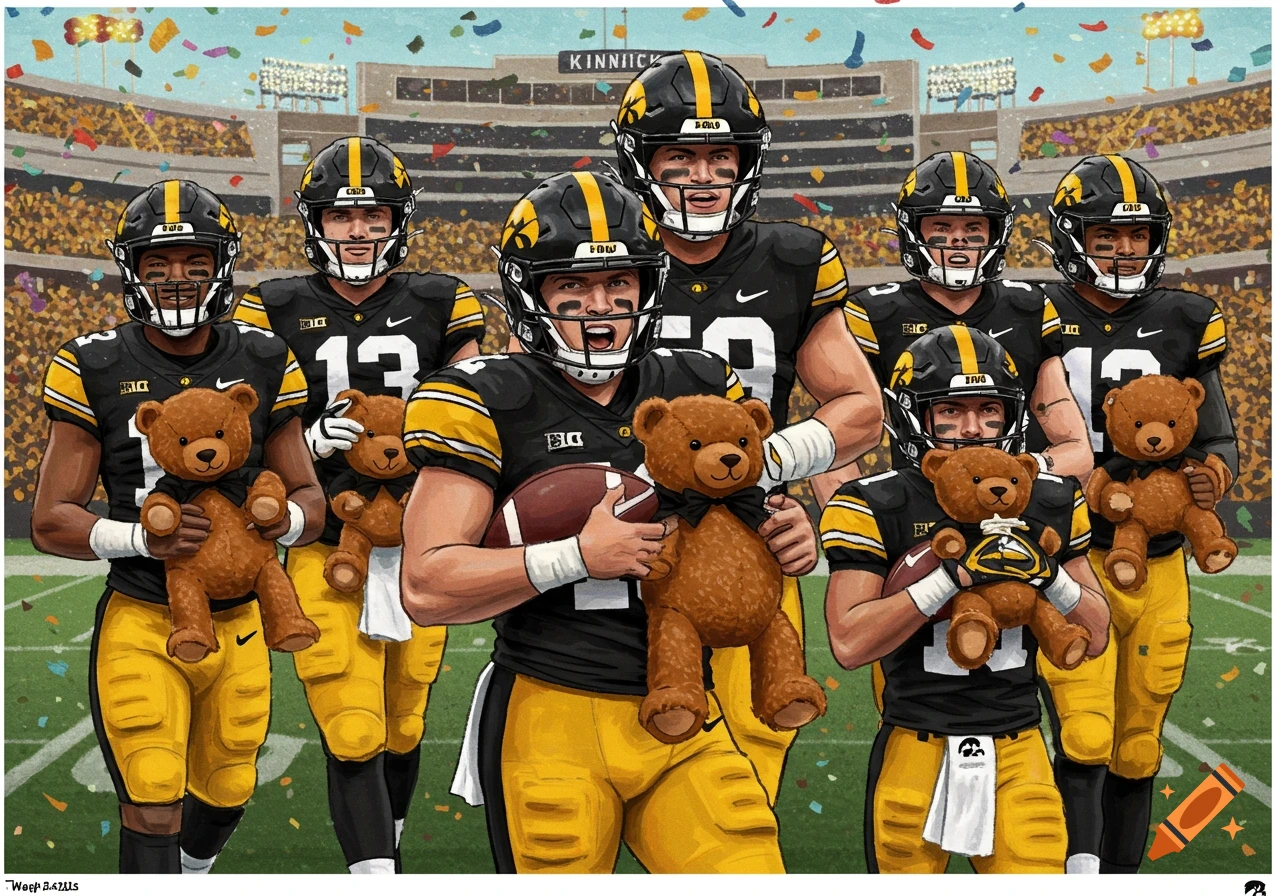 An illustration of seven Iowa Hawkeyes football players in black and gold uniforms, standing on a football field with confetti, each holding a brown teddy bear. Kinnick Stadium is in the background.