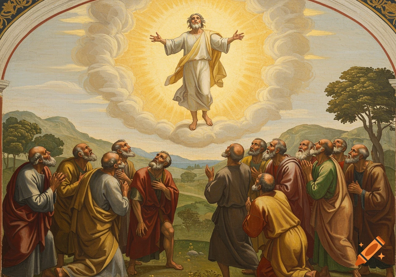 Jesus ascends into a bright, cloudy sky while twelve disciples look up from a landscape in a classical painting.