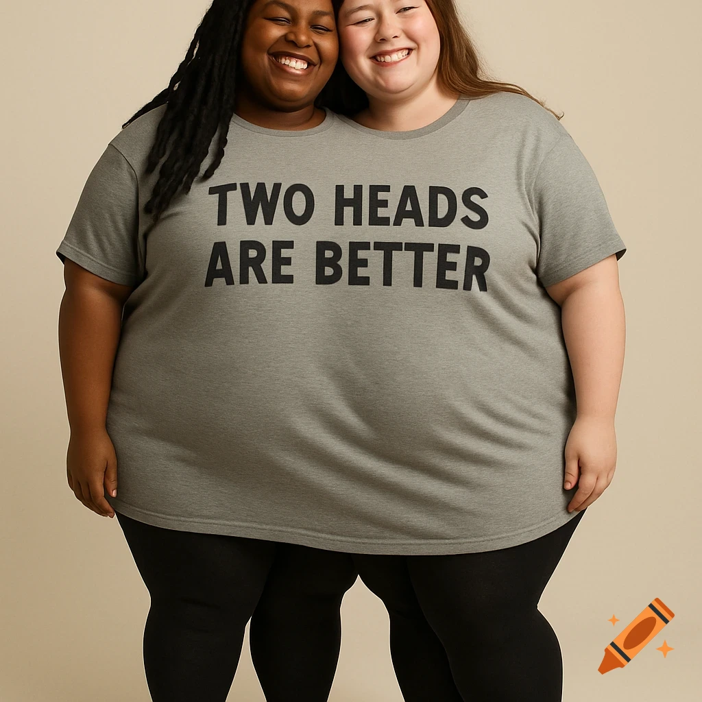 Two smiling women appear to merge into one body, wearing a grey t-shirt that says 'TWO HEADS ARE BETTER' and black leggings.