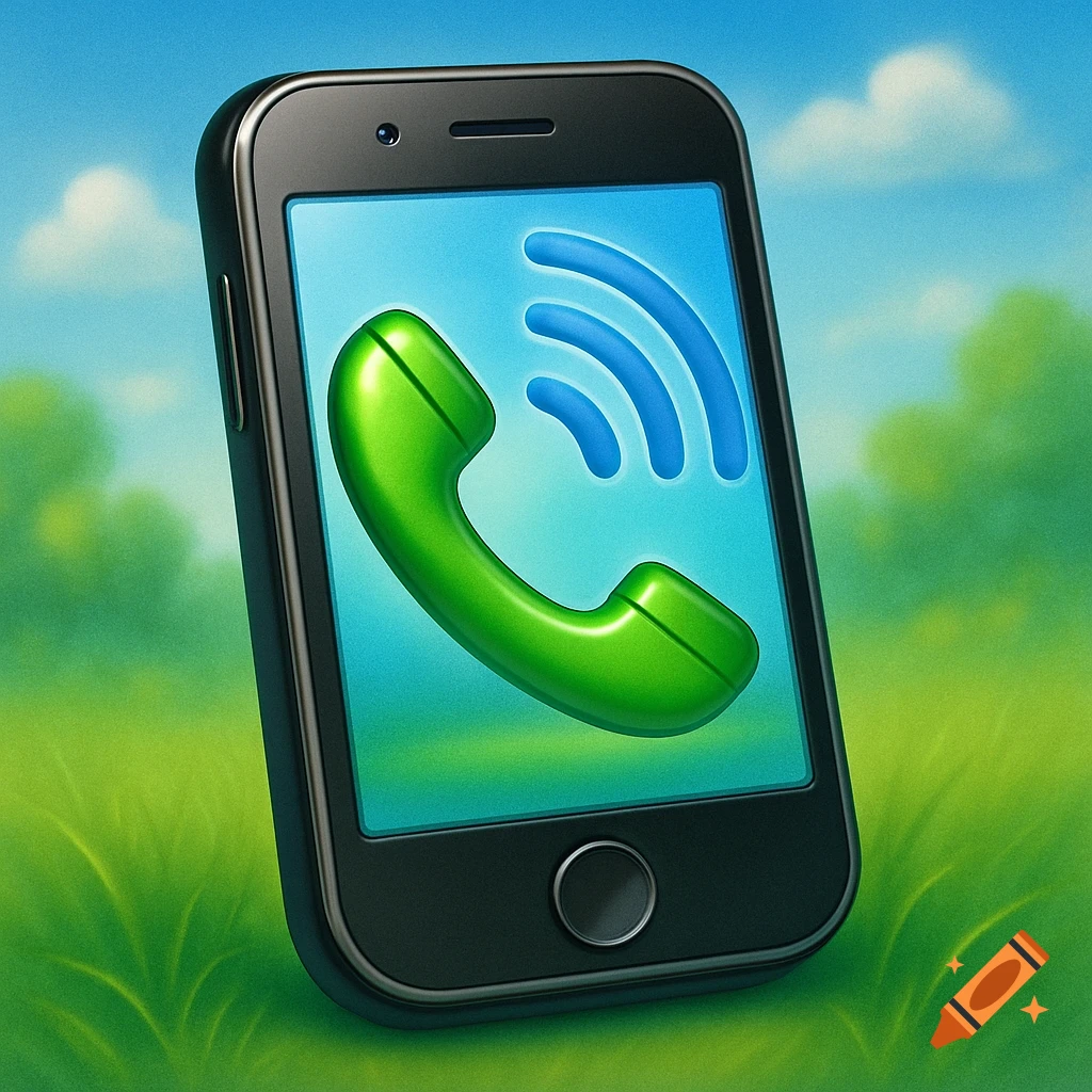 A stylized black smartphone with a bright green phone icon and blue signal waves on its screen, set in green grass under a blue sky.