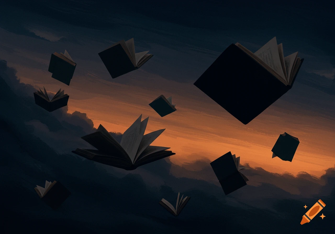 Stylized illustration of multiple books flying through a cloudy sky at sunset.