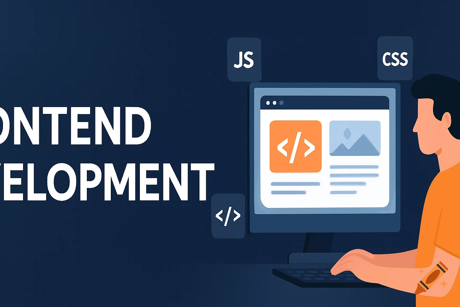 A stylized illustration of a person working on a computer, with 'FRONTEND DEVELOPMENT' text, JS and CSS icons.