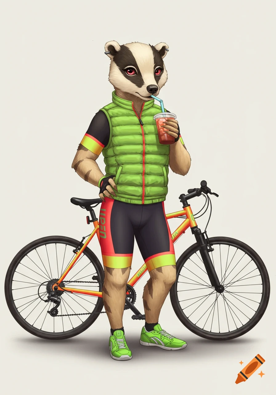 A sporty anthropomorphic badger in a green vest and cycling gear stands next to a bike, sipping from a cup.