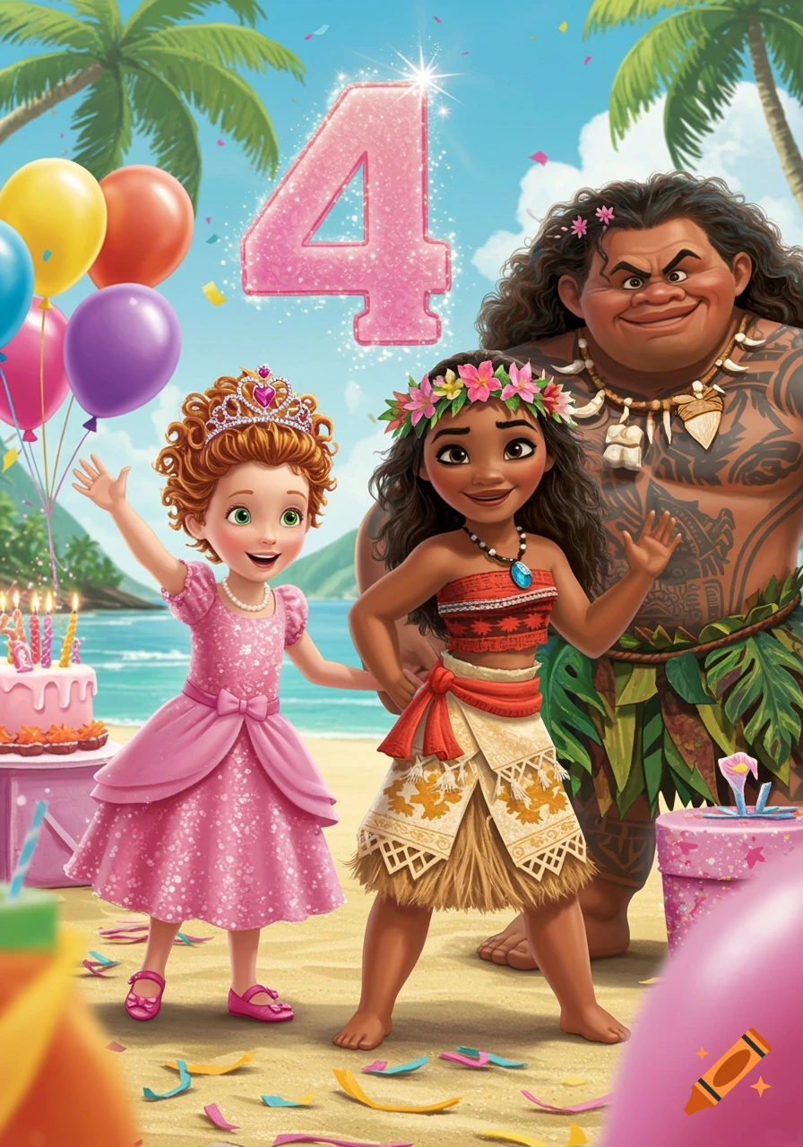 Illustrated birthday party on a beach with Fancy Nancy, Moana, and Maui, featuring balloons, cake, and a large pink glittery number 4.