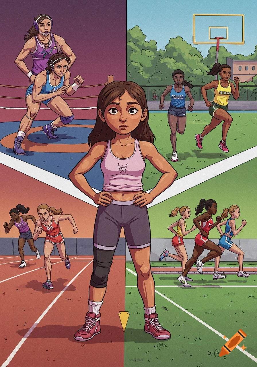 A split image shows a girl choosing between wrestling on one side and track and field on the other, in a cartoon style.