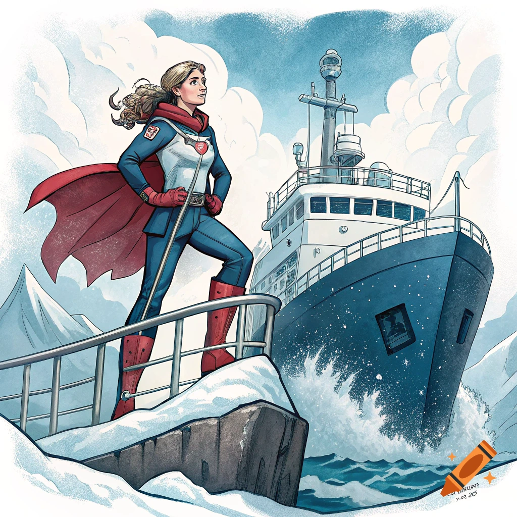 Illustration of a female superhero in a red cape and blue uniform standing on an icy bank with an icebreaker ship in an arctic setting.