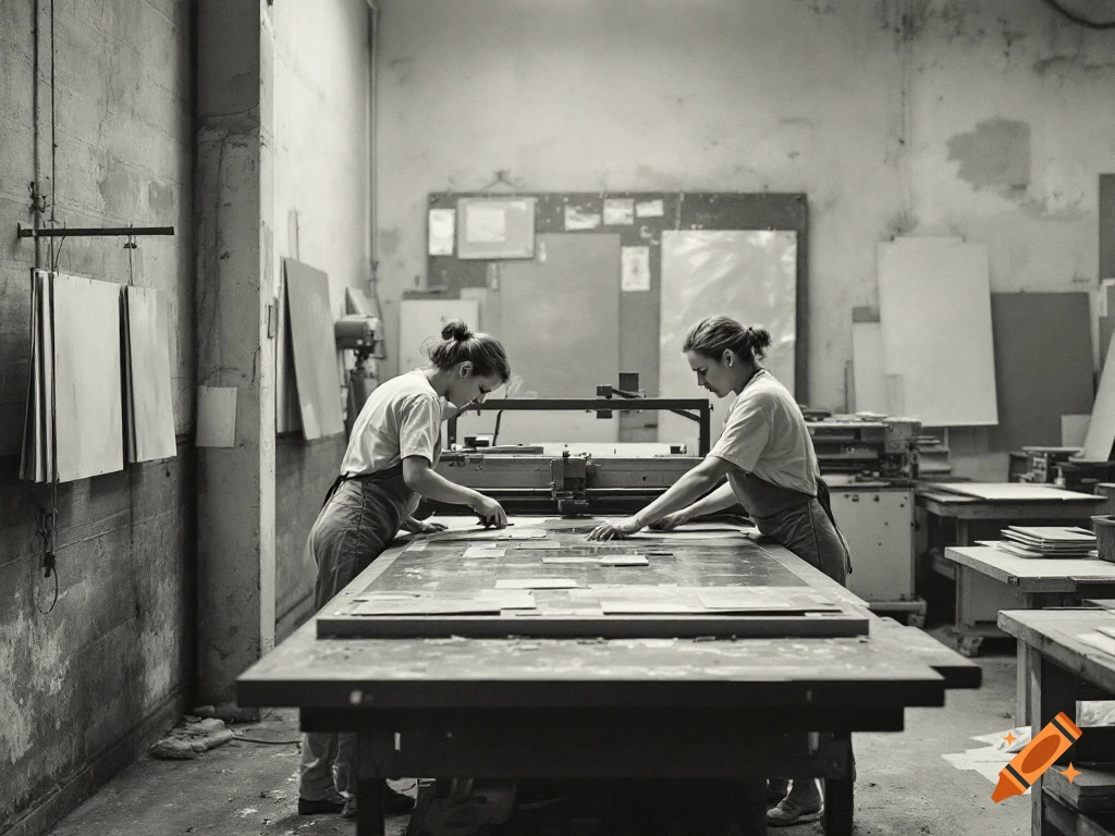 Two women in work clothes are busy at a large table in a black and white image of an industrial workshop.