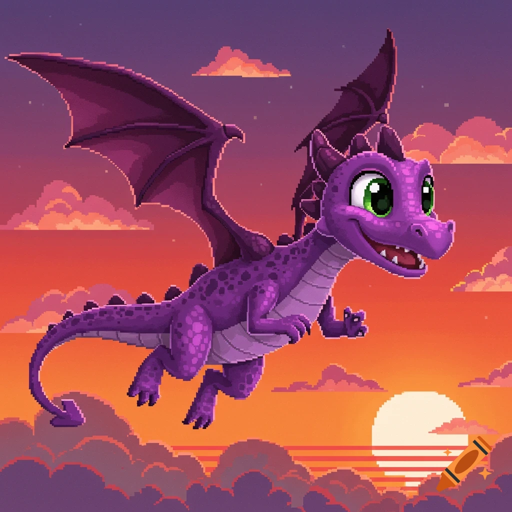 A purple pixel art dragon with large green eyes flies against an orange and purple sunset sky with pixelated clouds.