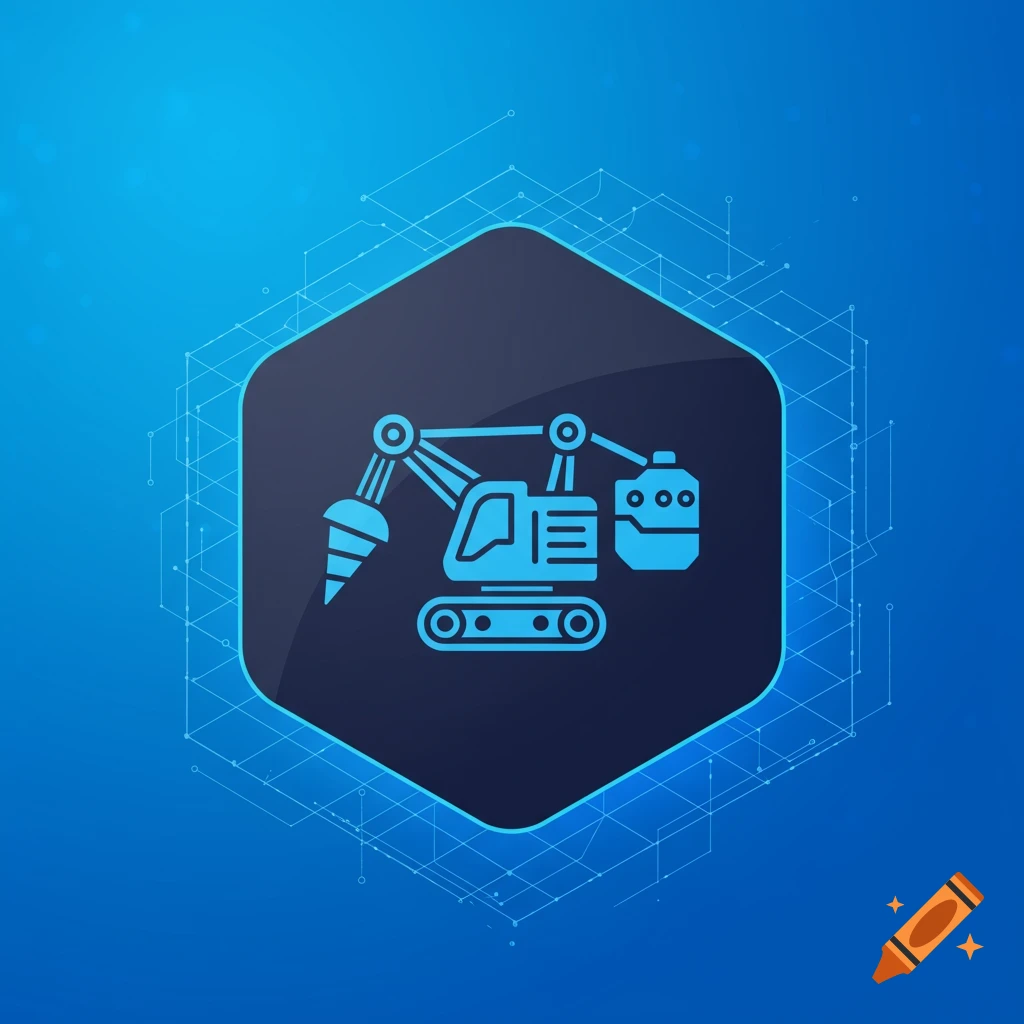 A blue hexagon icon featuring a light blue automated mining excavator on a dark blue background with a white grid.