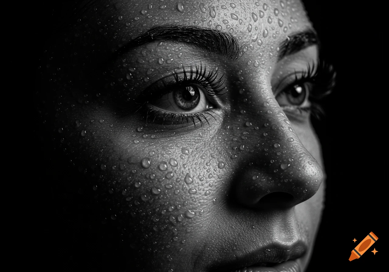 Black and white close-up of a person's face covered in water droplets, focused on the eye.