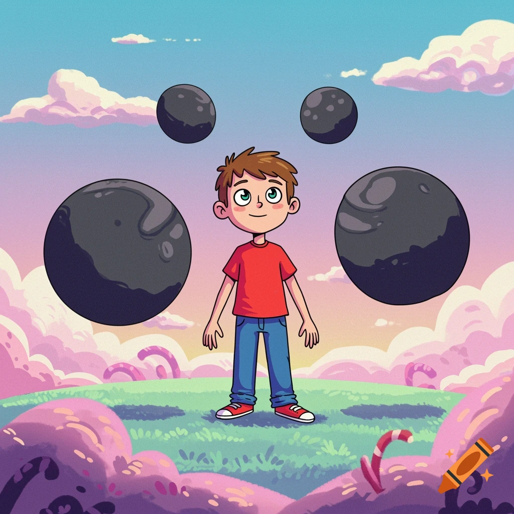 A cartoon boy with brown hair and a red shirt stands in a pink and green fantasy landscape, looking up at four dark, floating orbs.