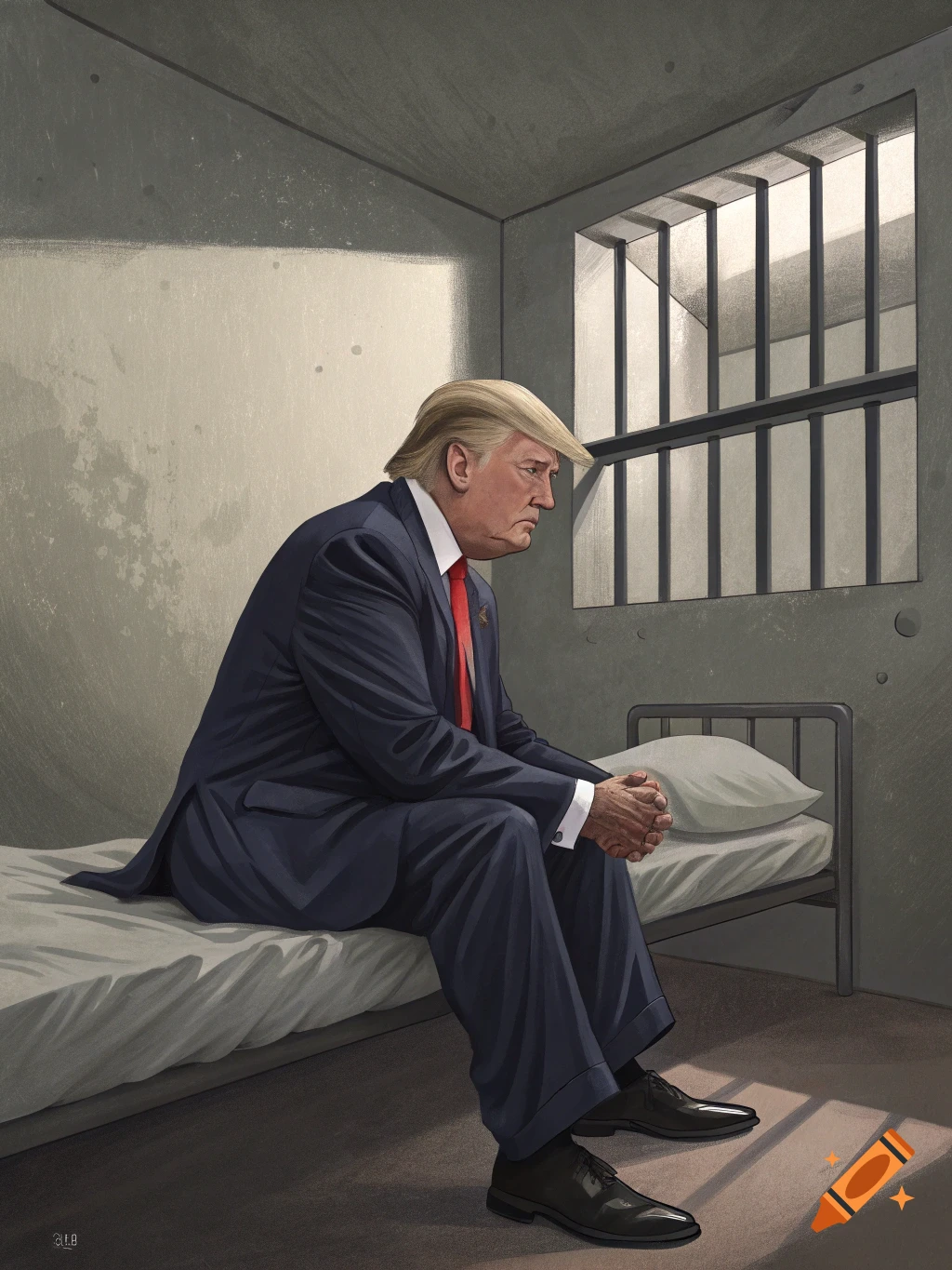 An illustration of Donald Trump sitting on a bed in a prison cell, looking somber.