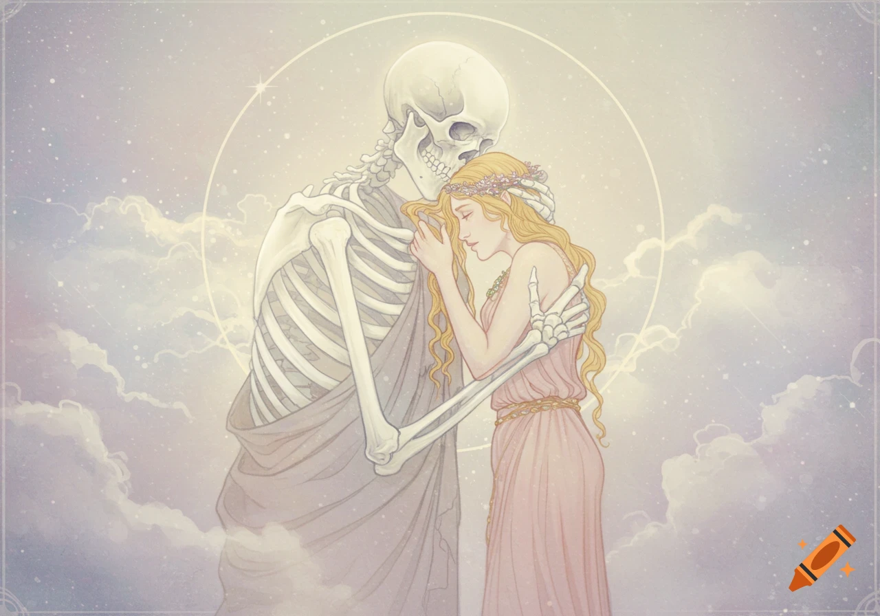 An ethereal illustration of a skeleton embracing a woman with long blonde hair and a flower crown, against a starry, cloudy sky.