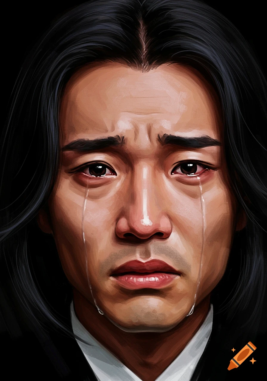 Close-up digital painting of a man with long dark hair, tears streaming down his face.