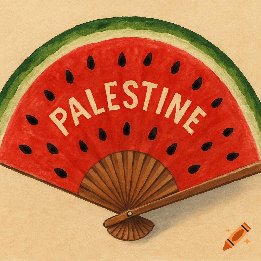 A watercolor illustration of a folding fan shaped like a slice of watermelon with the word PALESTINE written across it.