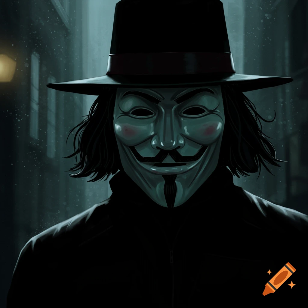 Close-up digital illustration of V from V for Vendetta, wearing a Guy Fawkes mask and a black hat, in a dark, rainy street.
