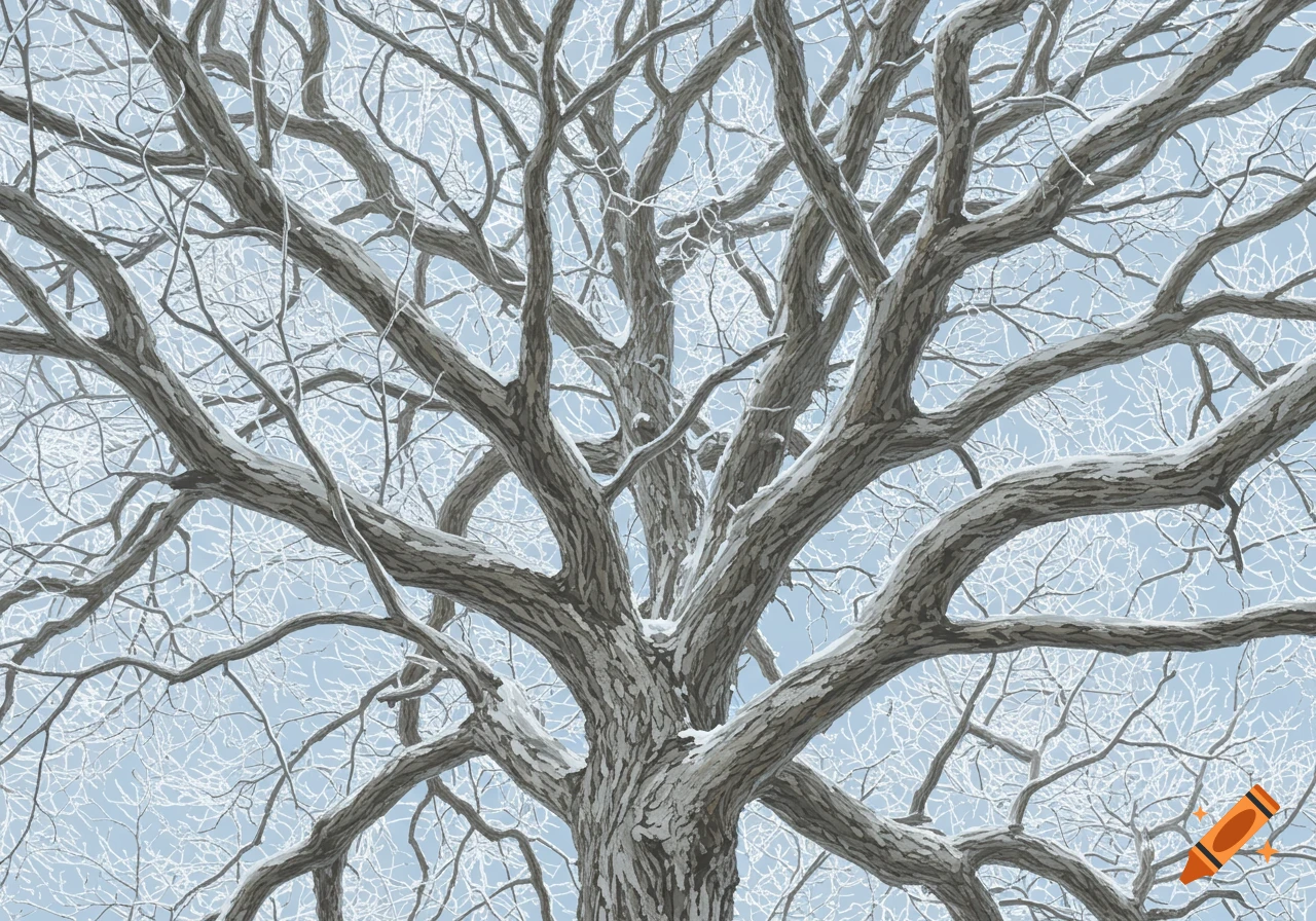 Close-up, low-angle view of the bare, frost-covered branches of a white oak tree against a light blue winter sky.